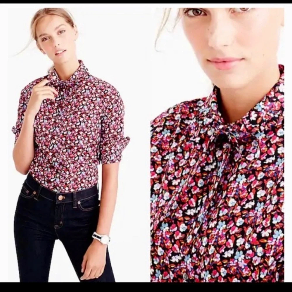 J‎ Crew Liberty Of London Sz 00 Ruffle Collar Shirt Tie Neck Red Pink Floral